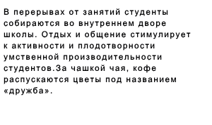 В перерывах от занятий студенты собираются  во внутреннем дворе школы. Отдых и общение стимулирует к активности и плодотворности умственной производительности студентов. За чашкой чая, кофе распускаются цветы под названием «дружба». 